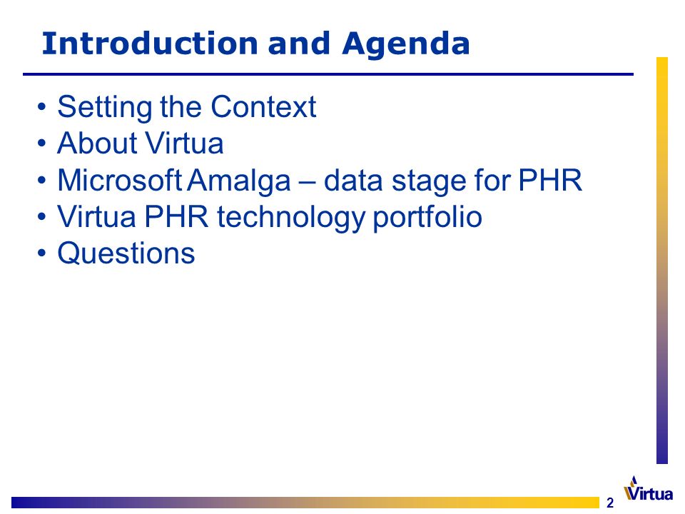 2 Introduction and Agenda Setting the Context About Virtua Microsoft Amalga – data stage for PHR Virtua PHR technology portfolio Questions