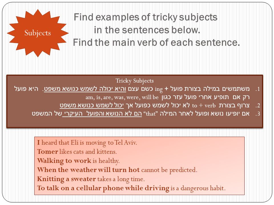 Find examples of tricky subjects in the sentences below.