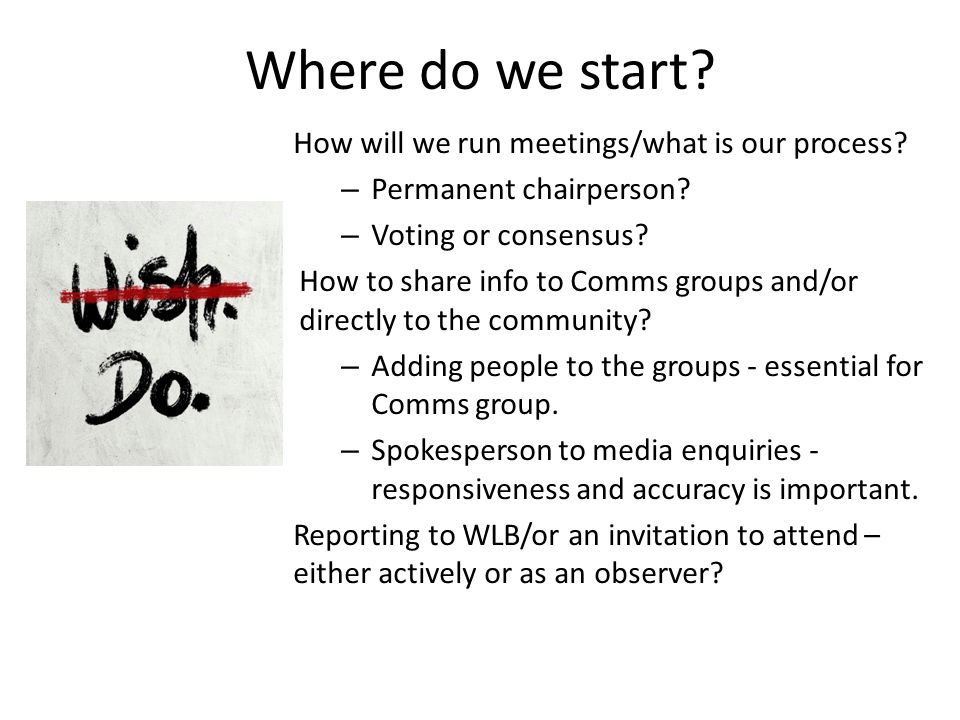 Where do we start. How will we run meetings/what is our process.