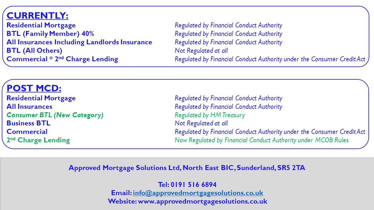 Approved Mortgage Solutions Ltd, North East BIC, Sunderland, SR5 2TA Tel: Website:   CURRENTLY: Residential Mortgage Regulated by Financial Conduct Authority BTL (Family Member) 40% Regulated by Financial Conduct Authority All Insurances Including Landlords Insurance Regulated by Financial Conduct Authority BTL (All Others) Not Regulated at all Commercial * 2 nd Charge Lending Regulated by Financial Conduct Authority under the Consumer Credit Act POST MCD: Residential MortgageRegulated by Financial Conduct Authority All Insurances Regulated by Financial Conduct Authority Consumer BTL (New Category) Regulated by HM Treasury Business BTL Not Regulated at all Commercial Regulated by Financial Conduct Authority under the Consumer Credit Act 2 nd Charge Lending Now Regulated by Financial Conduct Authority under MCOB Rules