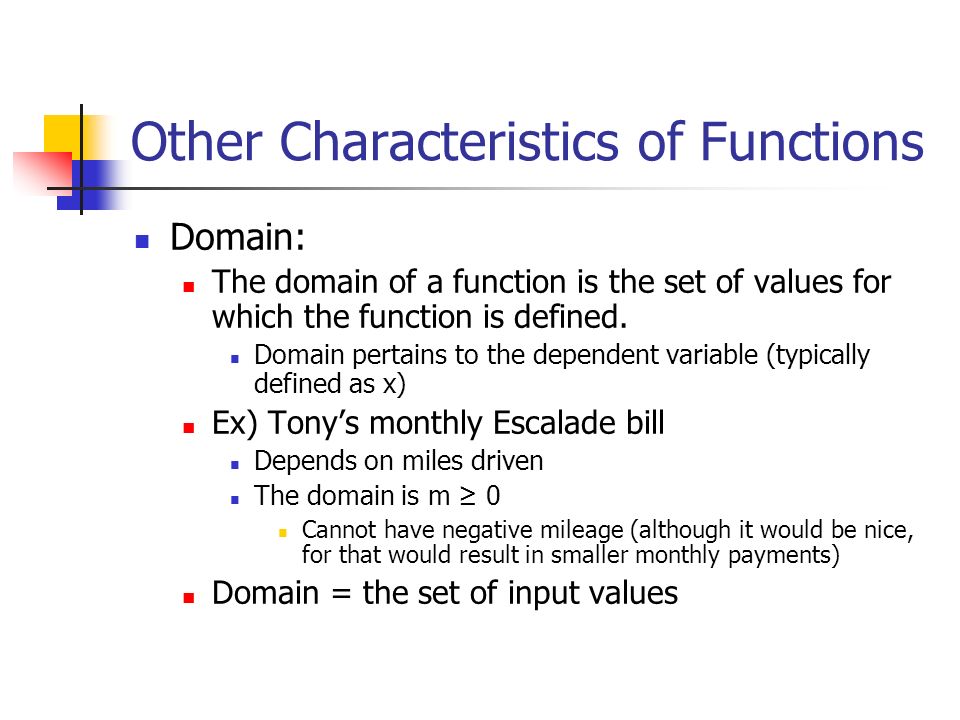 Other Characteristics of Functions Domain: The domain of a function is the set of values for which the function is defined.