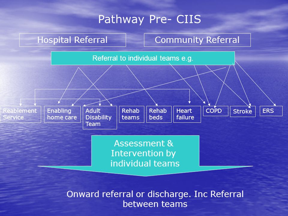 Hospital ReferralCommunity Referral Reablement Service Adult Disability Team ERSCOPD Assessment & Intervention by individual teams Pathway Pre- CIIS Onward referral or discharge.