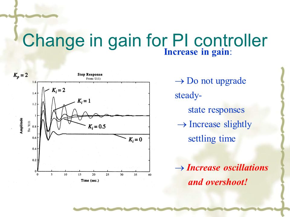 Change in gain for PI controller Increase in gain:  Do not upgrade steady- state responses  Increase slightly settling time  Increase oscillations and overshoot!