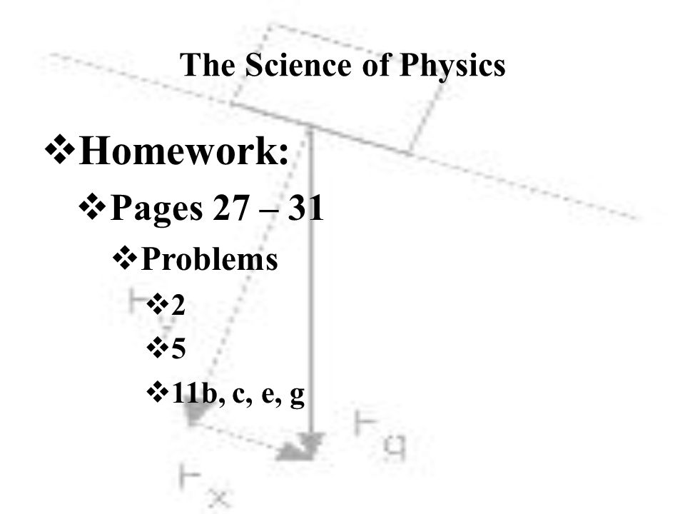 The Science of Physics  Homework:  Pages 27 – 31  Problems  2  5  11b, c, e, g