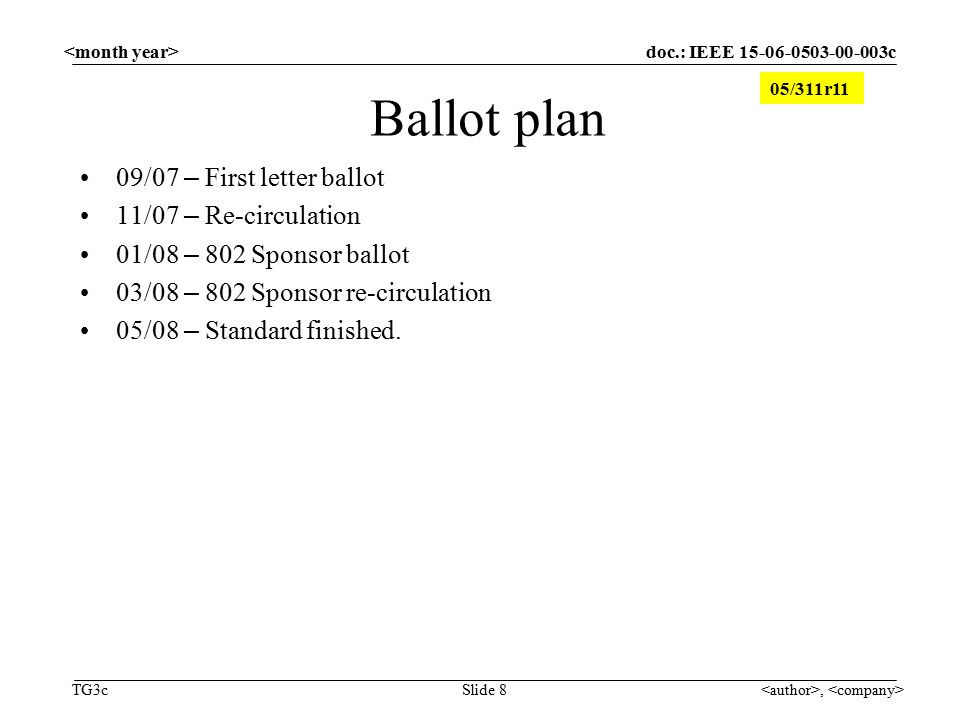 doc.: IEEE c TG3c, Slide 8 Ballot plan 09/07 – First letter ballot 11/07 – Re-circulation 01/08 – 802 Sponsor ballot 03/08 – 802 Sponsor re-circulation 05/08 – Standard finished.