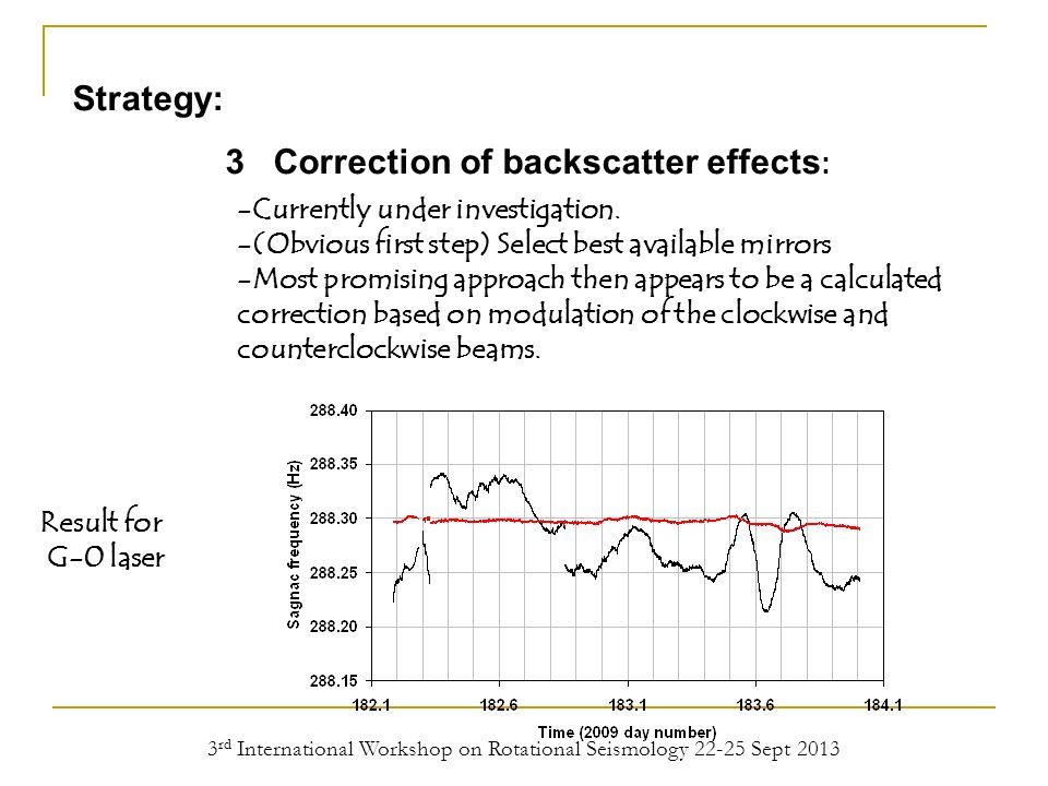 3 rd International Workshop on Rotational Seismology Sept 2013 Strategy: 3 Correction of backscatter effects : -Currently under investigation.