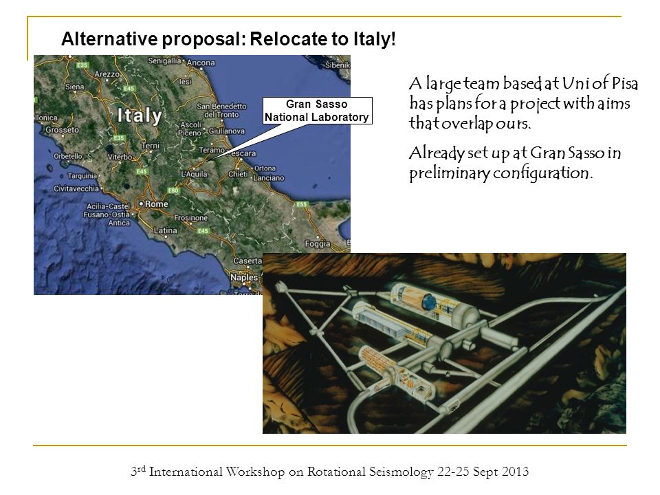 3 rd International Workshop on Rotational Seismology Sept 2013 Alternative proposal: Relocate to Italy.