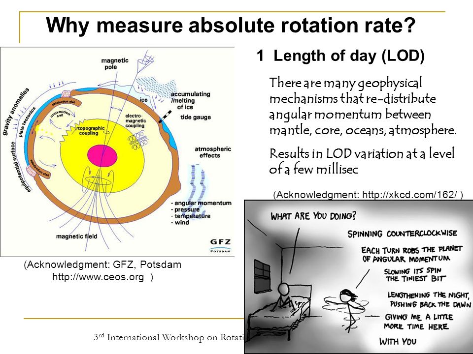 3 rd International Workshop on Rotational Seismology Sept Length of day (LOD) There are many geophysical mechanisms that re-distribute angular momentum between mantle, core, oceans, atmosphere.