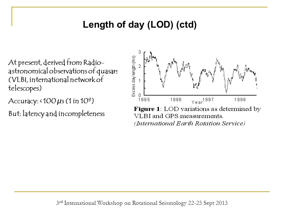 3 rd International Workshop on Rotational Seismology Sept 2013 Length of day (LOD) (ctd) At present, derived from Radio- astronomical observations of quasars (VLBI, international network of telescopes) Accuracy: < 100 µs (1 in 10 9 ) But: latency and incompleteness
