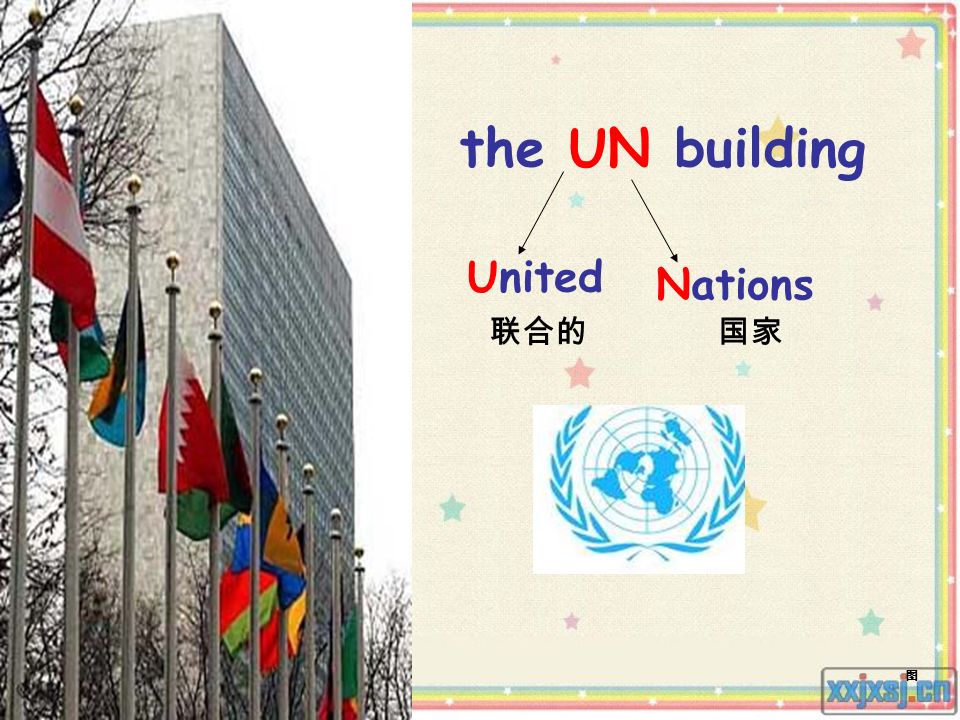 the UN building United Nations 联合的 国家 图