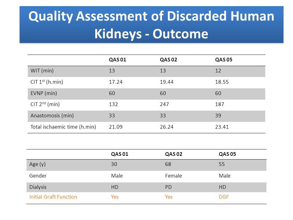 Quality Assessment of Discarded Human Kidneys - Outcome QAS 01QAS 02QAS 05 WIT (min)13 12 CIT 1 st (h.min) EVNP (min)60 CIT 2 nd (min) Anastomosis (min)33 39 Total ischaemic time (h.min) QAS 01QAS 02QAS 05 Age (y) GenderMaleFemaleMale DialysisHDPDHD Initial Graft FunctionYes DGF