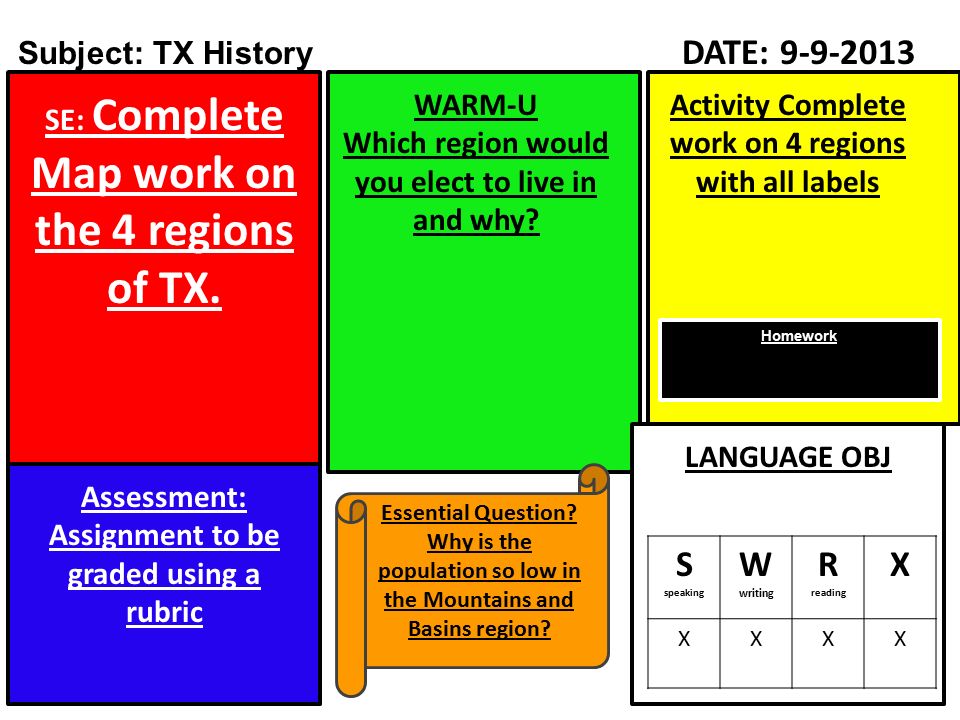 Subject: TX History DATE: SE: Complete Map work on the 4 regions of TX.