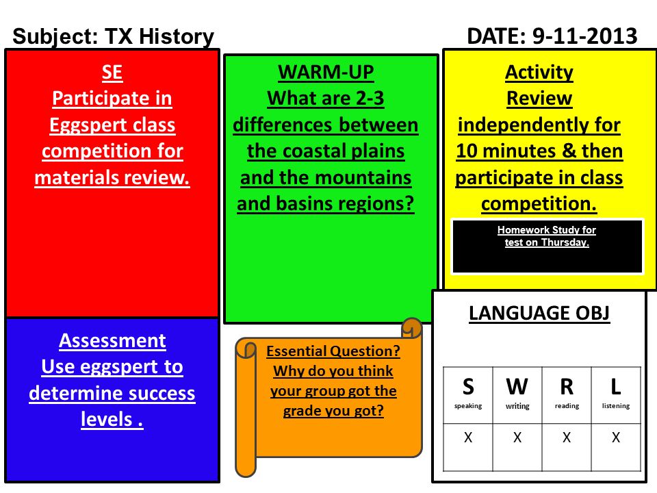 Subject: TX History DATE: SE Participate in Eggspert class competition for materials review.