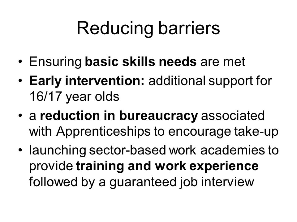 Reducing barriers Ensuring basic skills needs are met Early intervention: additional support for 16/17 year olds a reduction in bureaucracy associated with Apprenticeships to encourage take-up launching sector-based work academies to provide training and work experience followed by a guaranteed job interview