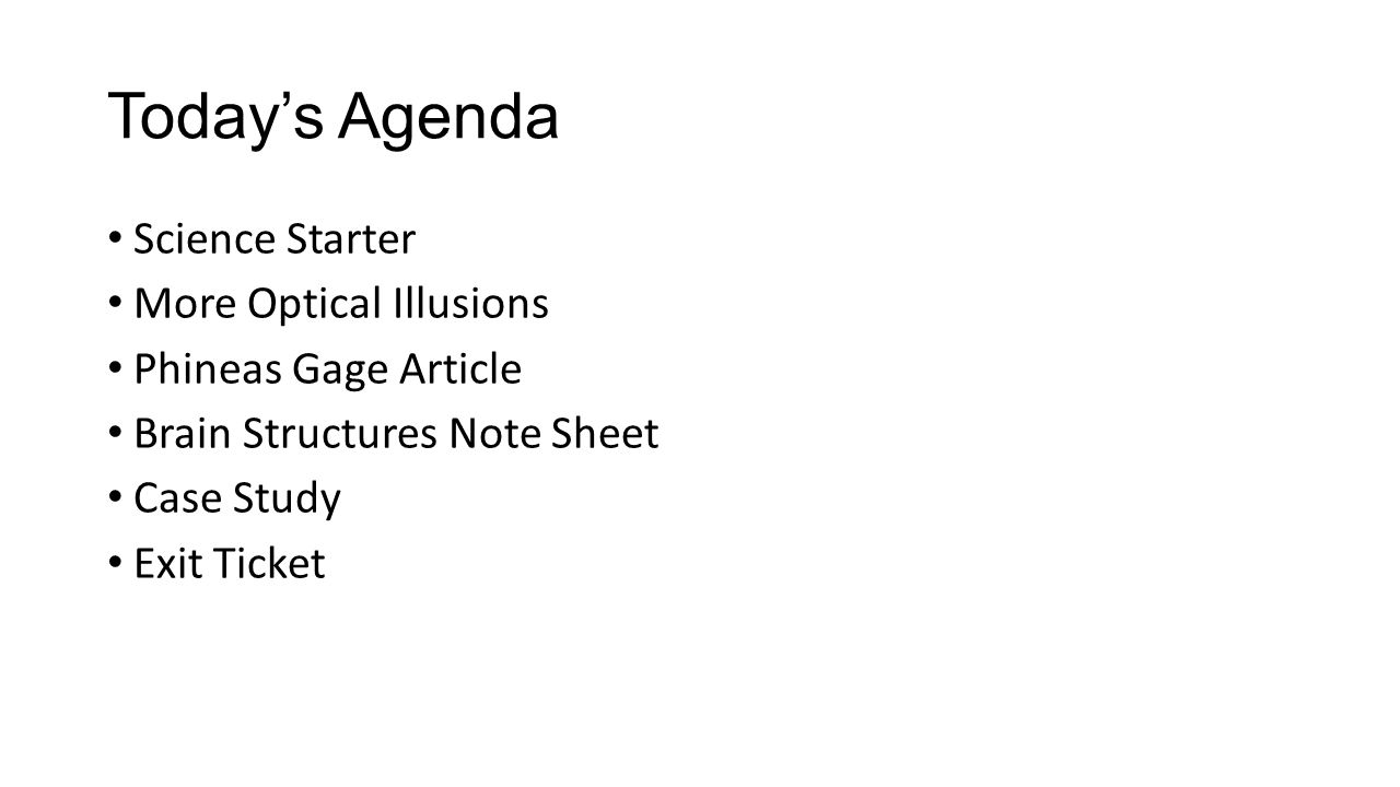 Today’s Agenda Science Starter More Optical Illusions Phineas Gage Article Brain Structures Note Sheet Case Study Exit Ticket