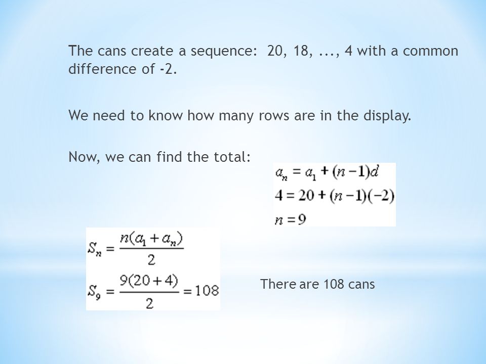 The cans create a sequence: 20, 18,..., 4 with a common difference of -2.