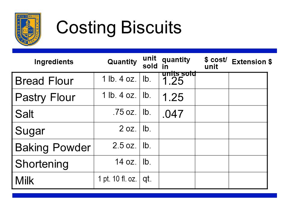 Costing Biscuits Bread Flour 1 lb. 4 oz.lb Pastry Flour 1 lb.