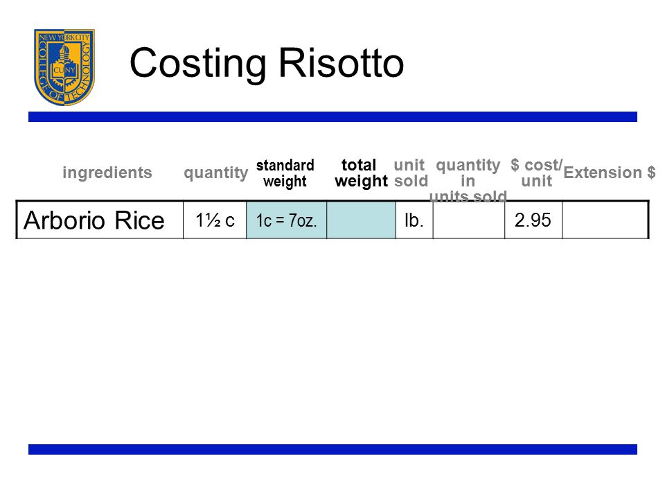 Costing Risotto Arborio Rice 1½ c 1c = 7oz.