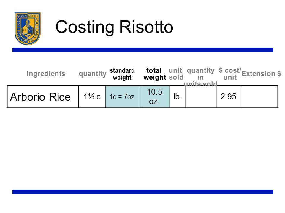 Costing Risotto Arborio Rice 1½ c 1c = 7oz oz.