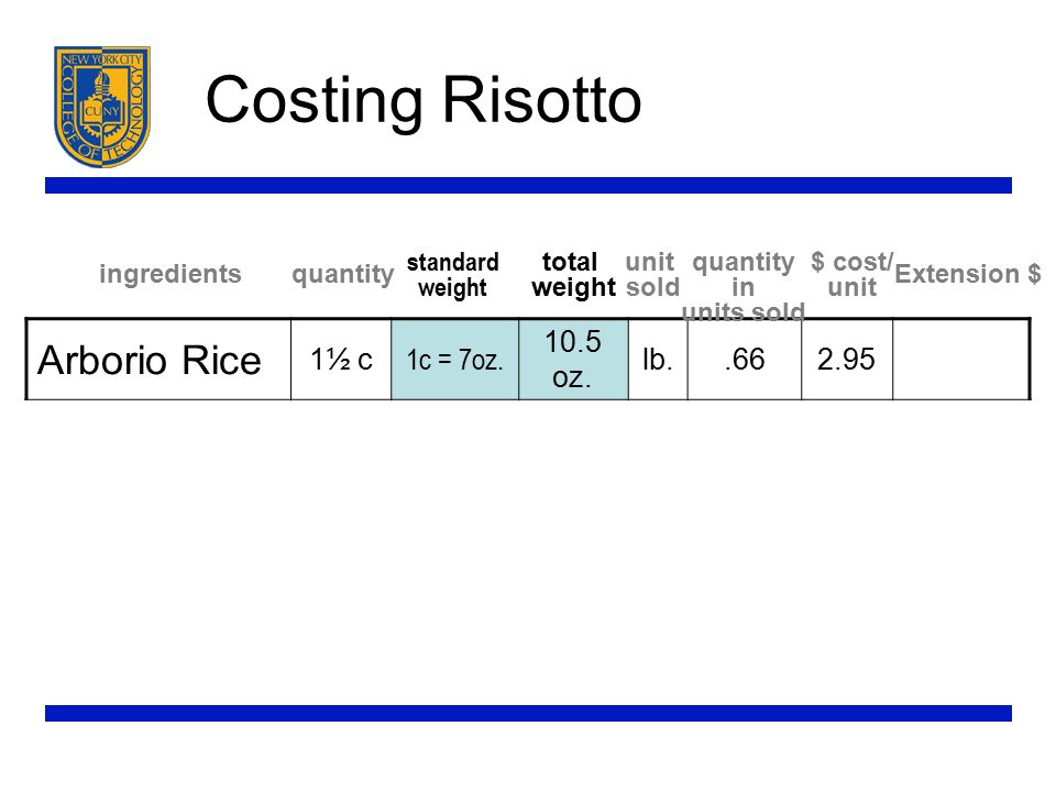 Costing Risotto Arborio Rice 1½ c 1c = 7oz oz.