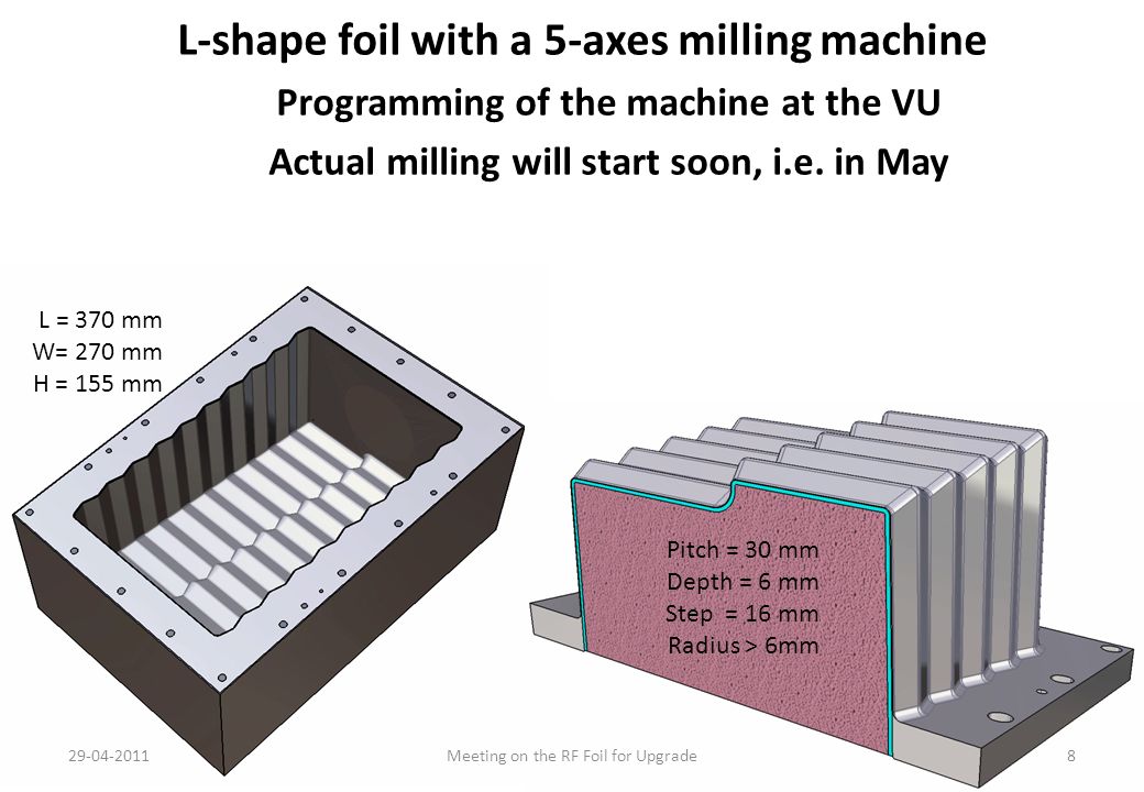 L-shape foil with a 5-axes milling machine Programming of the machine at the VU Actual milling will start soon, i.e.