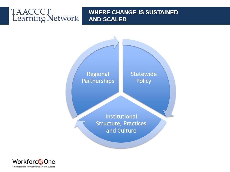 WHERE CHANGE IS SUSTAINED AND SCALED Statewide Policy Institutional Structure, Practices and Culture Regional Partnerships