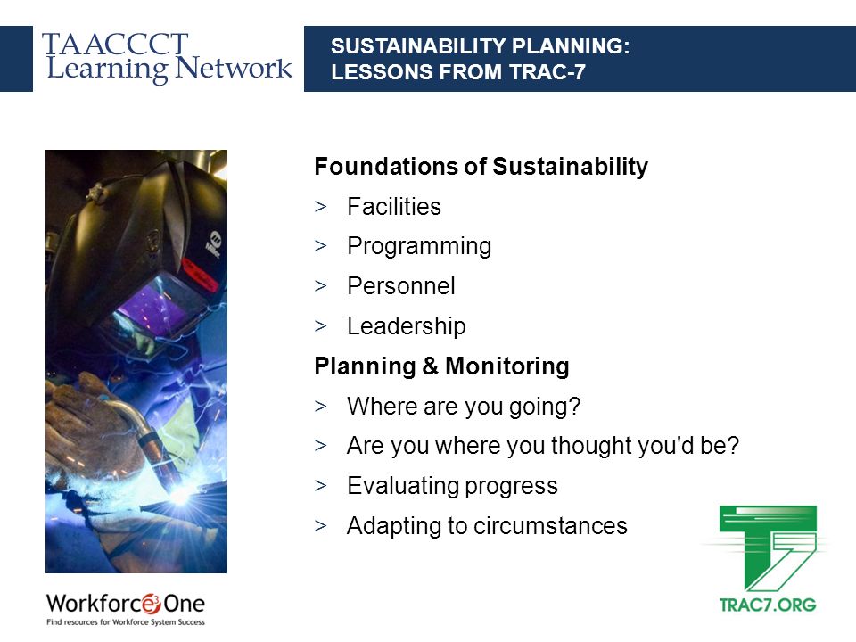 SUSTAINABILITY PLANNING: LESSONS FROM TRAC-7 Foundations of Sustainability >Facilities >Programming >Personnel >Leadership Planning & Monitoring >Where are you going.