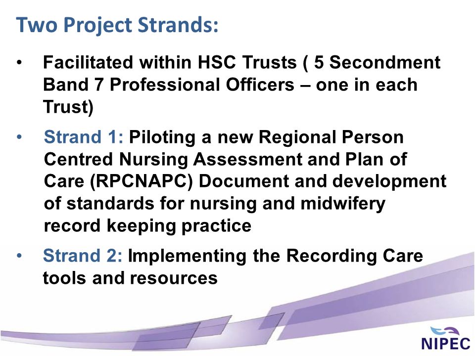 Facilitated within HSC Trusts ( 5 Secondment Band 7 Professional Officers – one in each Trust) Strand 1: Piloting a new Regional Person Centred Nursing Assessment and Plan of Care (RPCNAPC) Document and development of standards for nursing and midwifery record keeping practice Strand 2: Implementing the Recording Care tools and resources