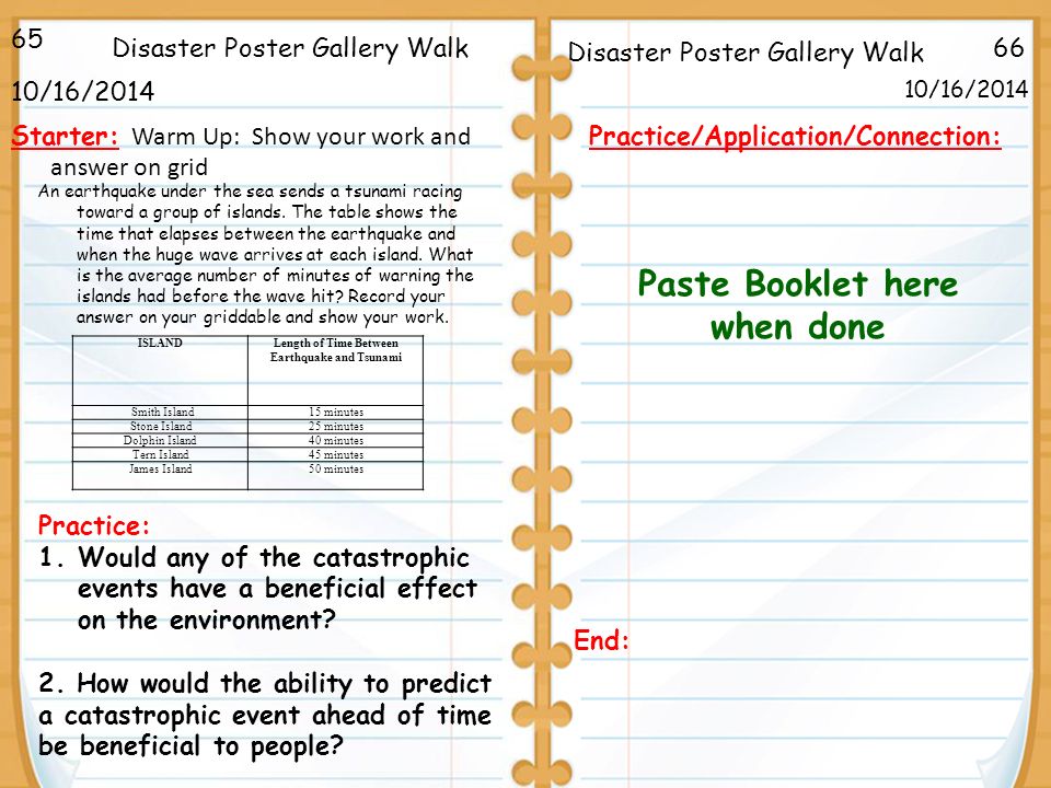 66Disaster Poster Gallery Walk 10/16/ /16/2014 Starter: Warm Up: Show your work and answer on grid Practice/Application/Connection: Practice: 1.Would any of the catastrophic events have a beneficial effect on the environment.