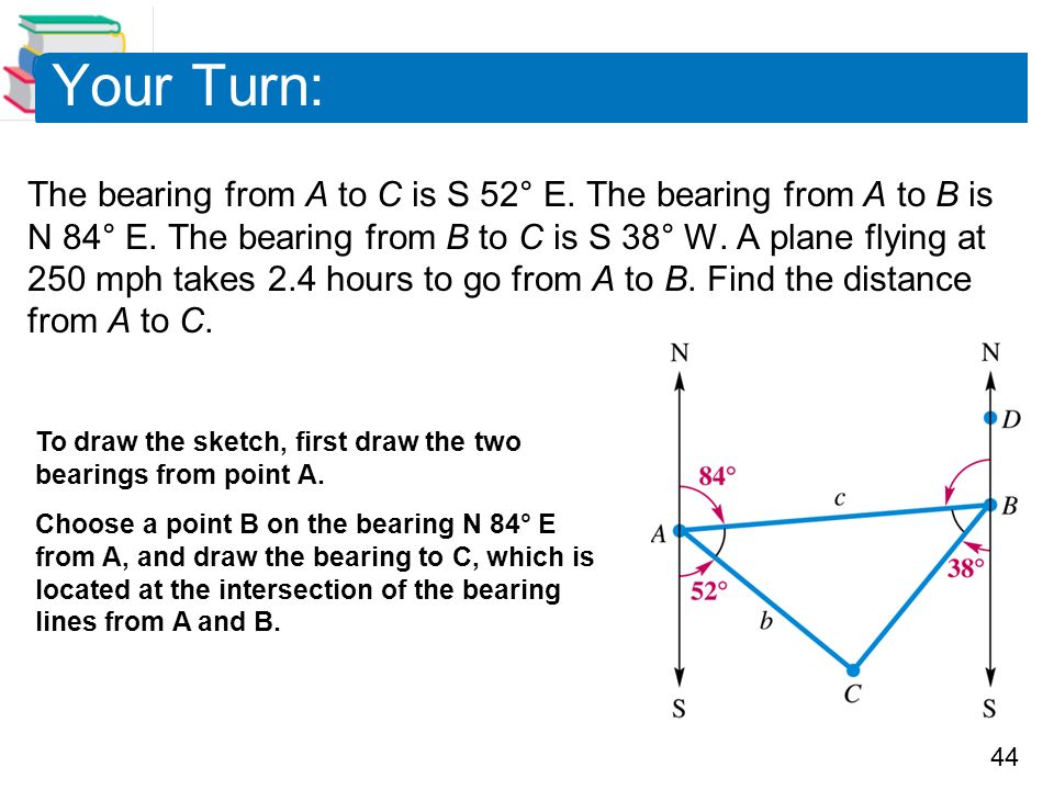 SOLUTION: The bearing from A to C is S 52°E. the bearing from A to B is N  84°E. the bearing from B to C is S 38° W. A plane flying