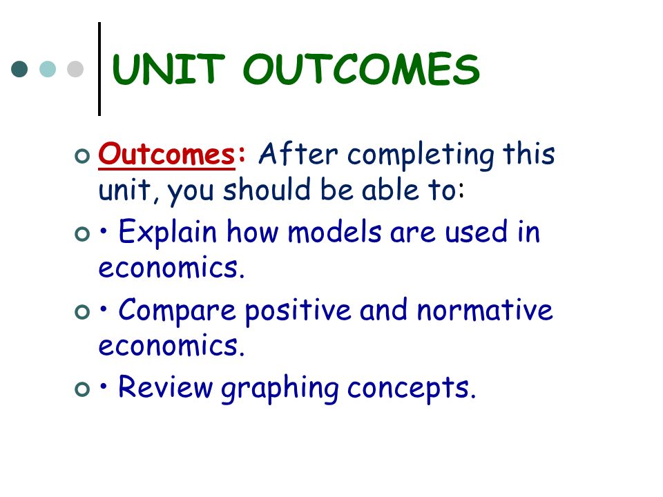 UNIT OUTCOMES Outcomes: After completing this unit, you should be able to: Explain how models are used in economics.