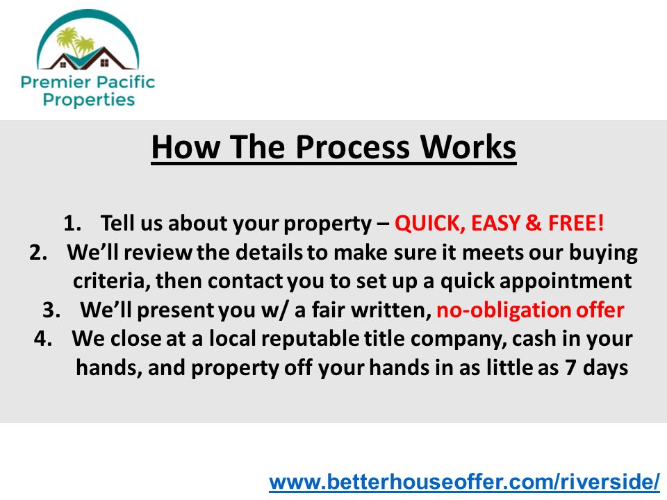 How The Process Works 1.Tell us about your property – QUICK, EASY & FREE.