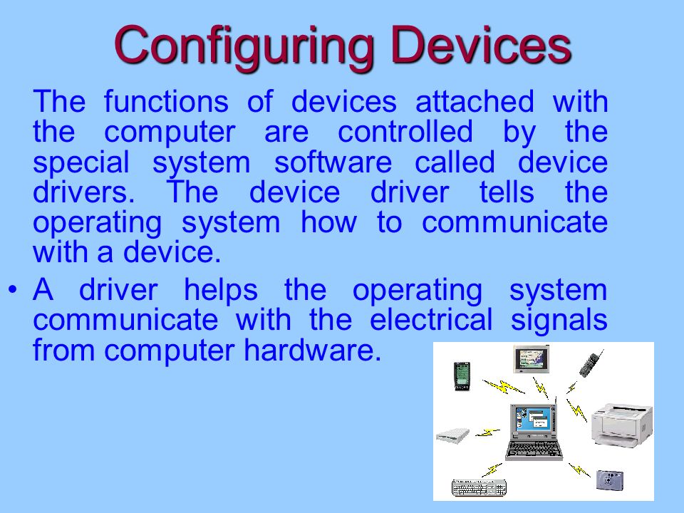 Configuring Devices The functions of devices attached with the computer are controlled by the special system software called device drivers.