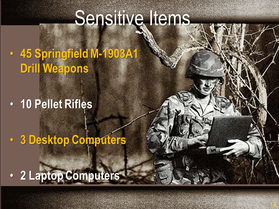 18 Sensitive Items 45 Springfield M-1903A1 Drill Weapons 45 Springfield M-1903A1 Drill Weapons 10 Pellet Rifles 10 Pellet Rifles 3 Desktop Computers 3 Desktop Computers 2 Laptop Computers 2 Laptop Computers