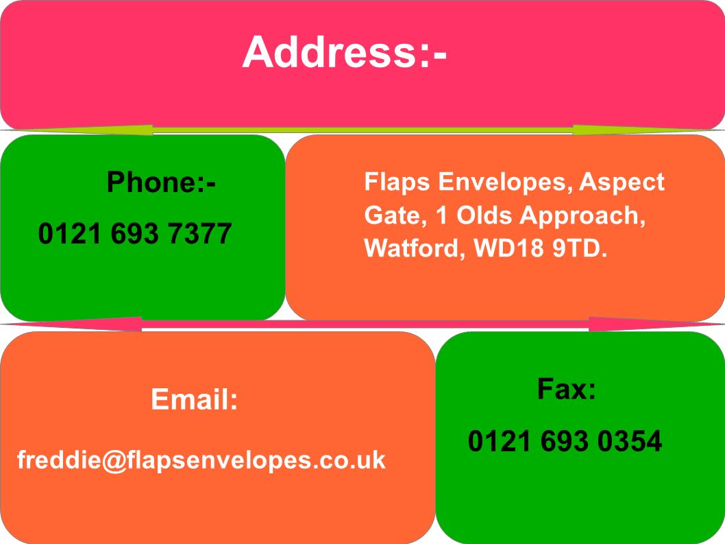 Address:- Phone: Flaps Envelopes, Aspect Gate, 1 Olds Approach, Watford, WD18 9TD.