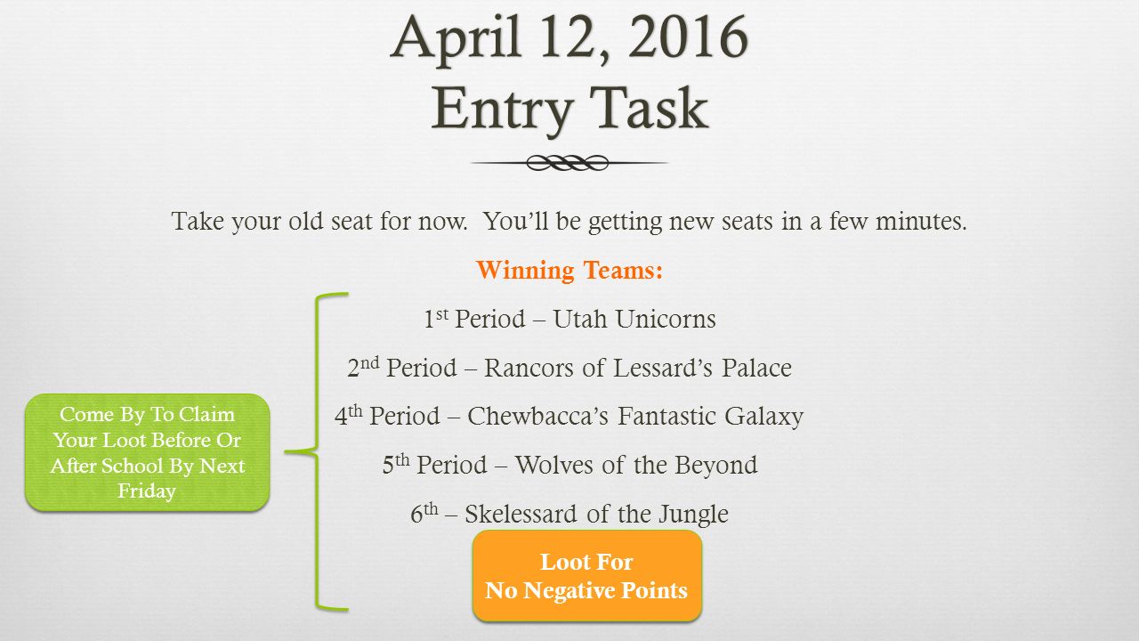 April 12, 2016 Entry Task Take your old seat for now.