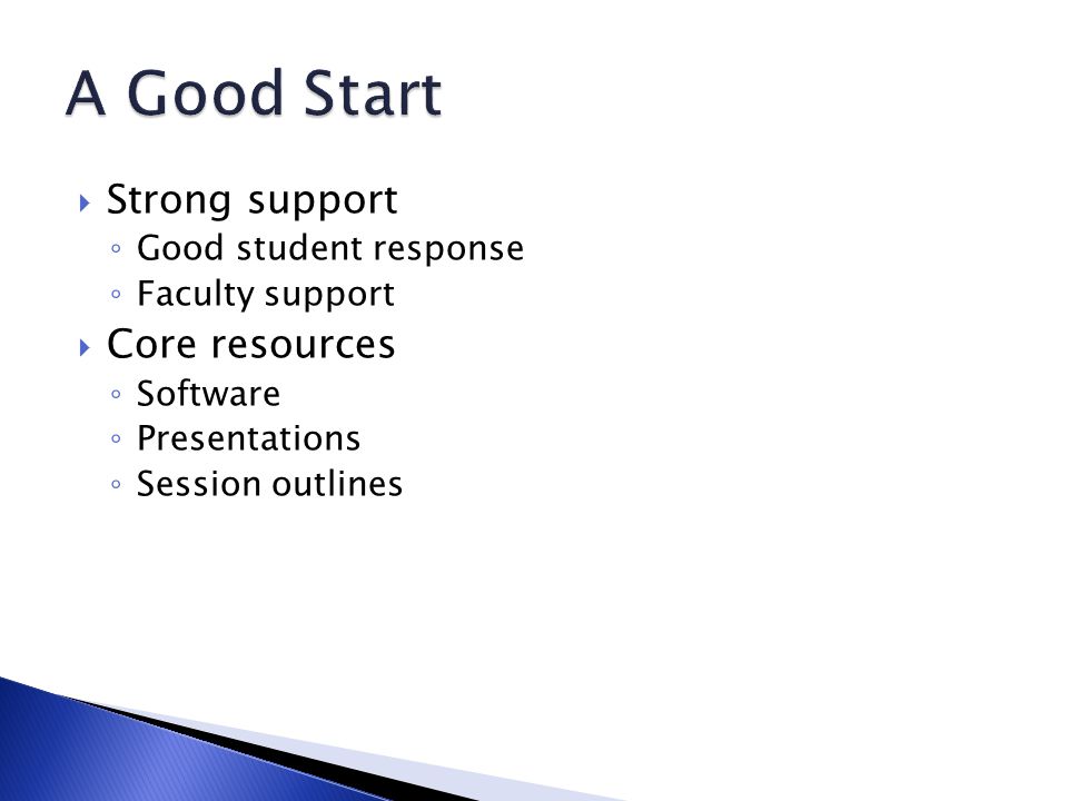  Strong support ◦ Good student response ◦ Faculty support  Core resources ◦ Software ◦ Presentations ◦ Session outlines