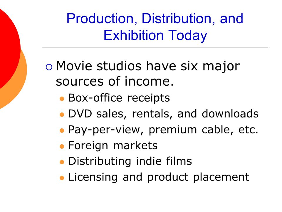 Production, Distribution, and Exhibition Today  Movie studios have six major sources of income.