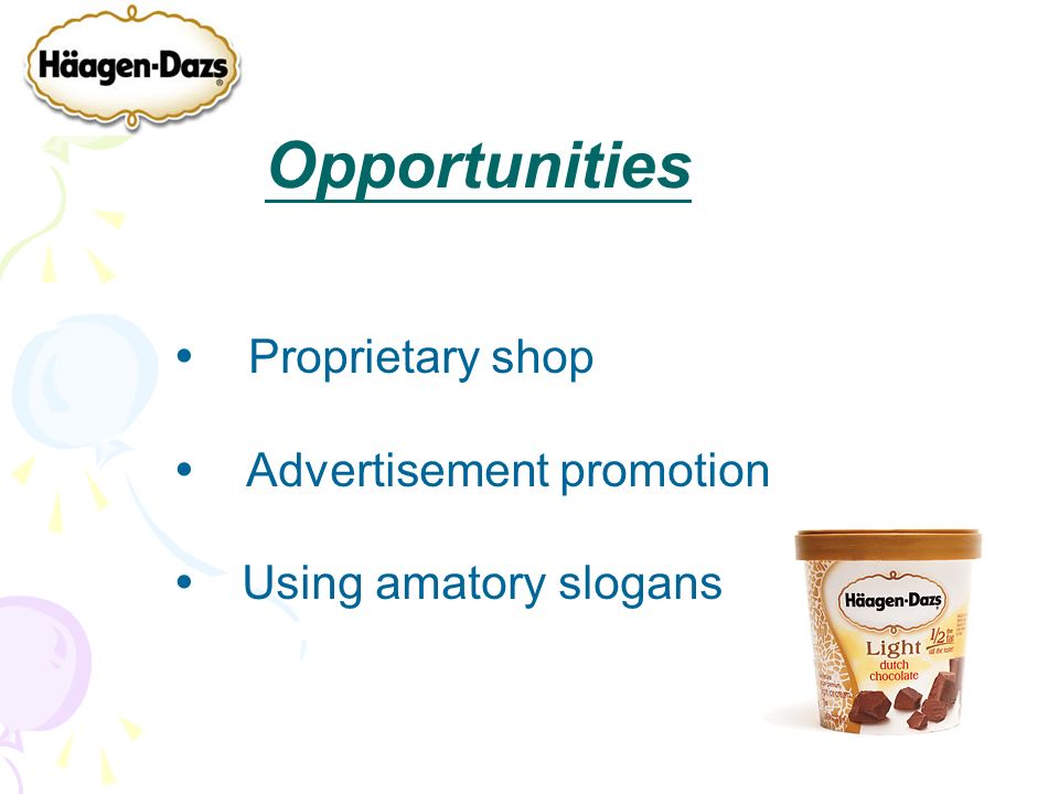 Opportunities  Proprietary shop  Advertisement promotion  Using amatory slogans