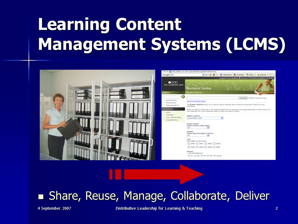 4 September 2007Distributive Leadership for Learning & Teaching2 Learning Content Management Systems (LCMS) Share, Reuse, Manage, Collaborate, Deliver Share, Reuse, Manage, Collaborate, Deliver