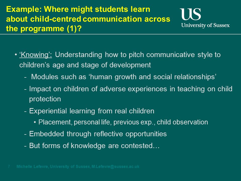 Michelle Lefevre, University of Sussex, Example: Where might students learn about child-centred communication across the programme (1).