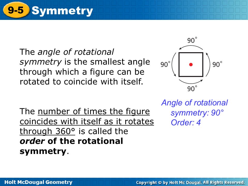 Holt McDougal Geometry 9-5 Symmetry The angle of rotational symmetry is the smallest angle through which a figure can be rotated to coincide with itself.