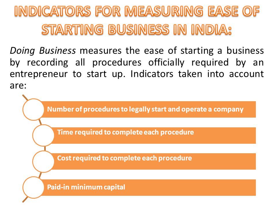 Doing Business measures the ease of starting a business by recording all procedures officially required by an entrepreneur to start up.