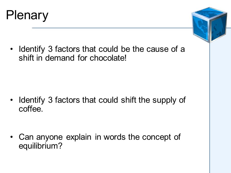 Plenary Identify 3 factors that could be the cause of a shift in demand for chocolate.