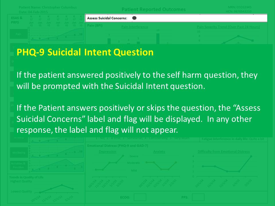 PHQ-9 Suicidal Intent Question If the patient answered positively to the self harm question, they will be prompted with the Suicidal Intent question.