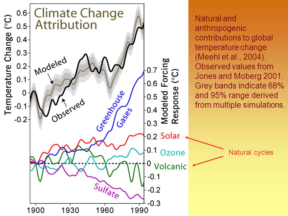 Natural and anthropogenic contributions to global temperature change (Meehl et al., 2004).