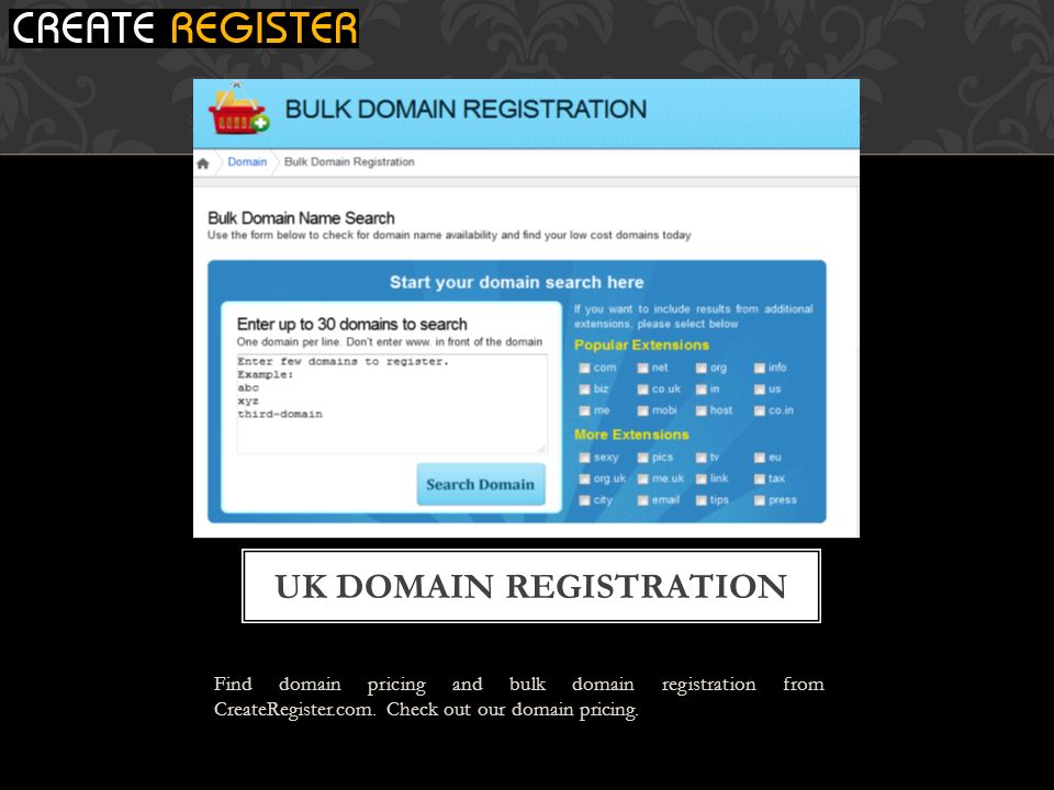 Find domain pricing and bulk domain registration from CreateRegister.com.