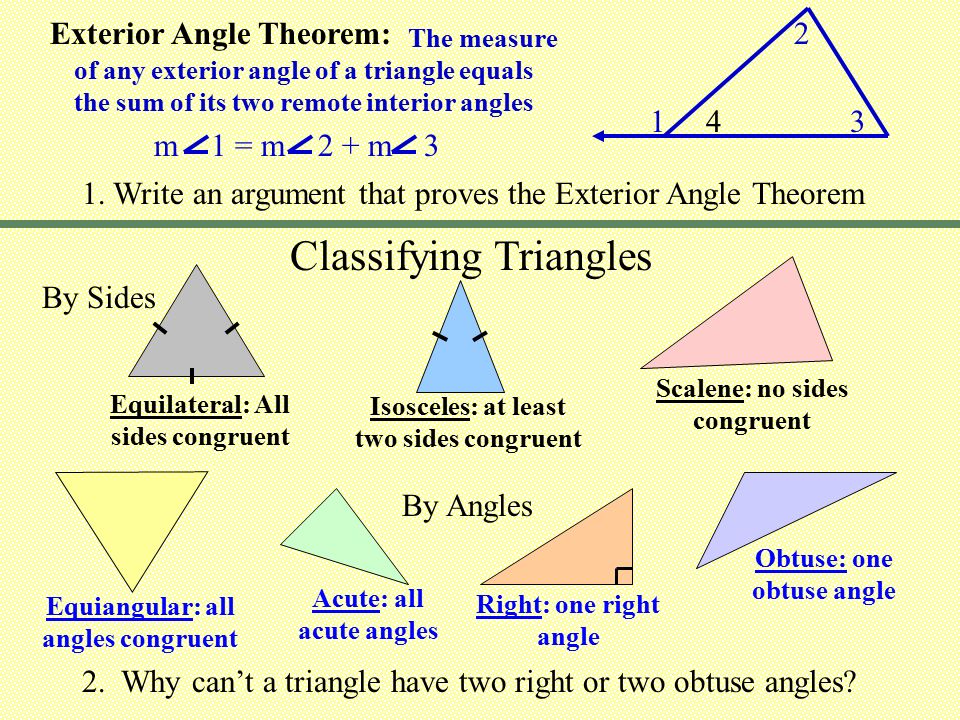 Triangles The sum of the measures of the angles of a triangle is 180  degrees. m A + m B + m C = 180 o A BC An angle formed by