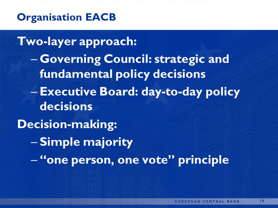14 Organisation EACB Two-layer approach: –Governing Council: strategic and fundamental policy decisions –Executive Board: day-to-day policy decisions Decision-making: –Simple majority – one person, one vote principle