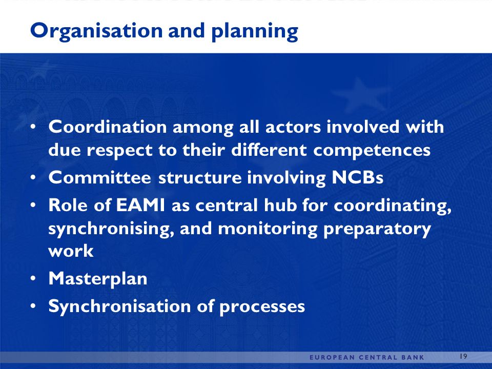 19 Organisation and planning Coordination among all actors involved with due respect to their different competences Committee structure involving NCBs Role of EAMI as central hub for coordinating, synchronising, and monitoring preparatory work Masterplan Synchronisation of processes